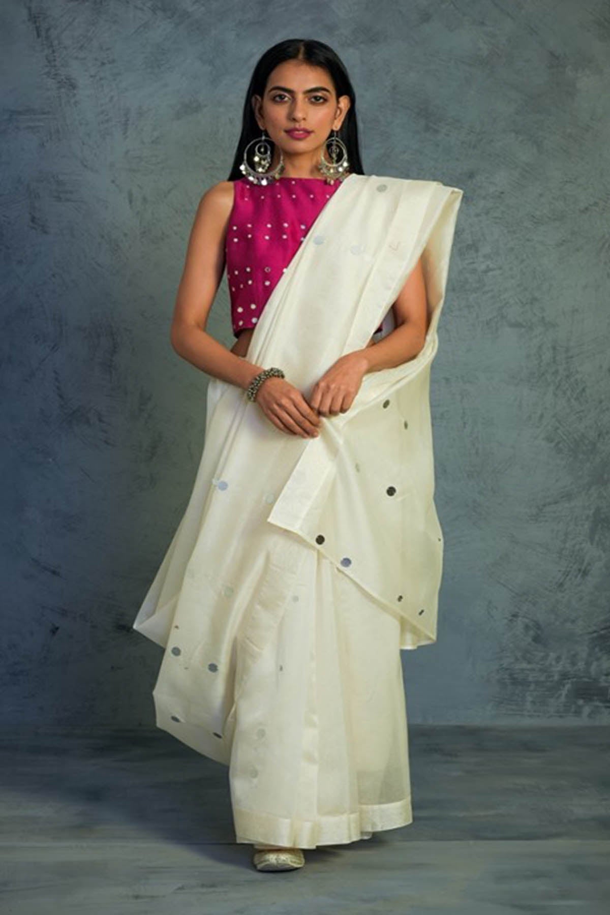 Buy Off-White Embellished Saree Online